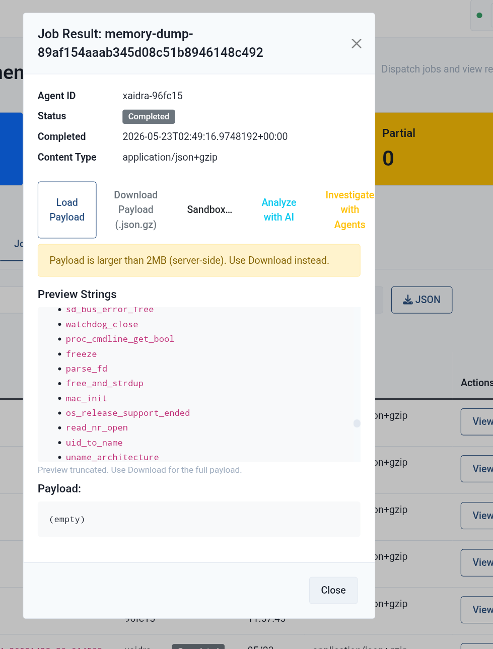 Dashboard memory dump workflow